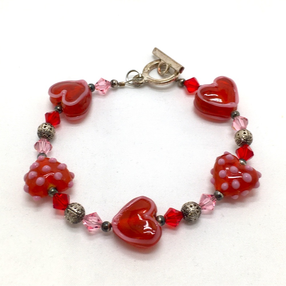 Red Lampwork Glass Hearts And Crystals Valentine Bracelet